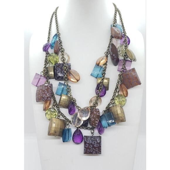 Vintage Multi-Strand Beaded Necklace Chunky Faceted Acrylic Resin Geometric Fun - Picture 1 of 7